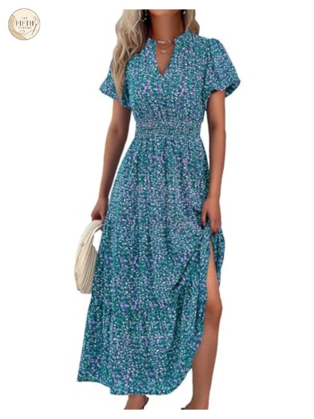 Women's Floral Maxi Dress Puff Sleeve V Neck Smocked Waist A-Line